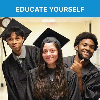 3 teenagers, one with their thumb up, smiling in black graduation cap and gowns