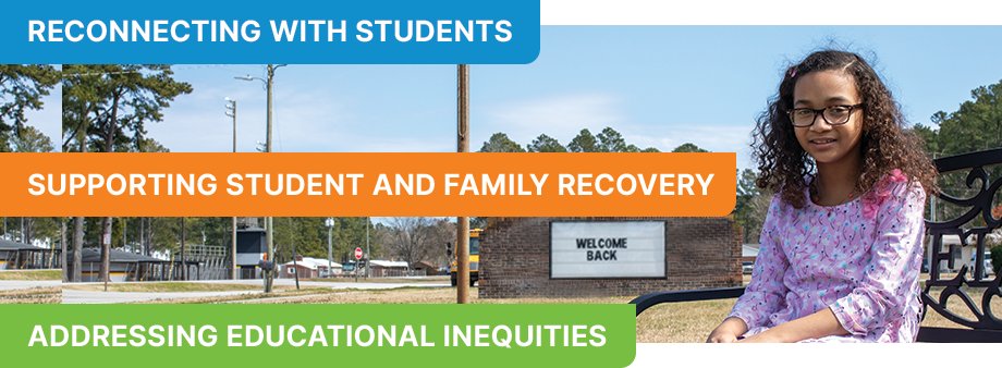 A student sitting in front of a school outside with the text "reconnecting with students, supporting student and family recovery, and addressing educational inequities