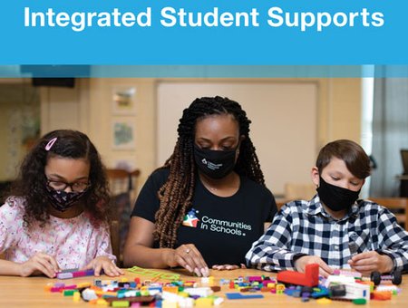 A site coordinator and two young students at a table playing with legos with the words "Building social emotional competencies through integrated student supports"