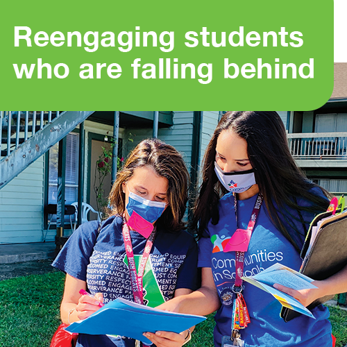 A photo of two site coordinators outside in a neighborhood writing and looking at papers and clipboards with the text in large font "Reengaging students who are falling behind"